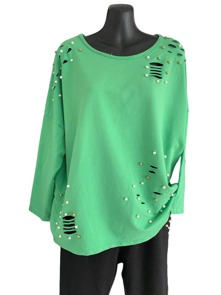 Italian Cotton “Ripped” Top with Faux Pearls