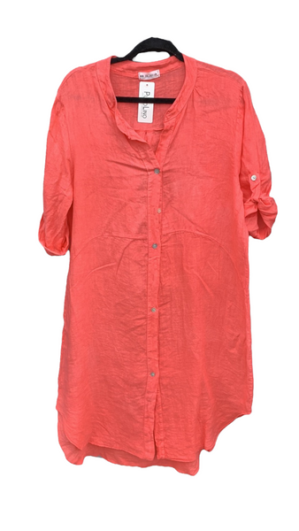 Long Italian Linen Shirt Dress “Coral”
