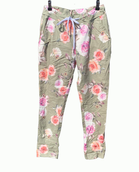 Italian Floral Stretch Pants “Roses-Green”