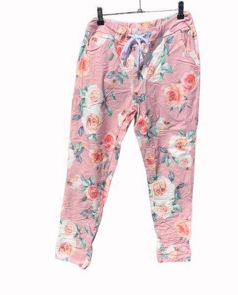 Italian Floral Stretch Pants “Roses-Pink”